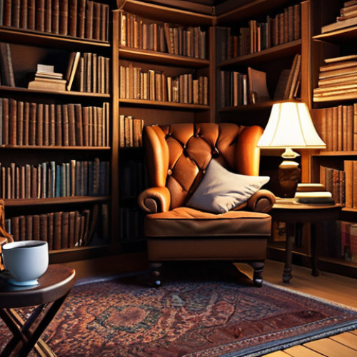 Home 4 **A cozy night library:** Dim lighting, bookshelves filled with old books, a comfortable armchair with a soft blanket, and a cup of hot tea on a nearby coffee table. Focus on creating a warm and inviting atmosphere.
