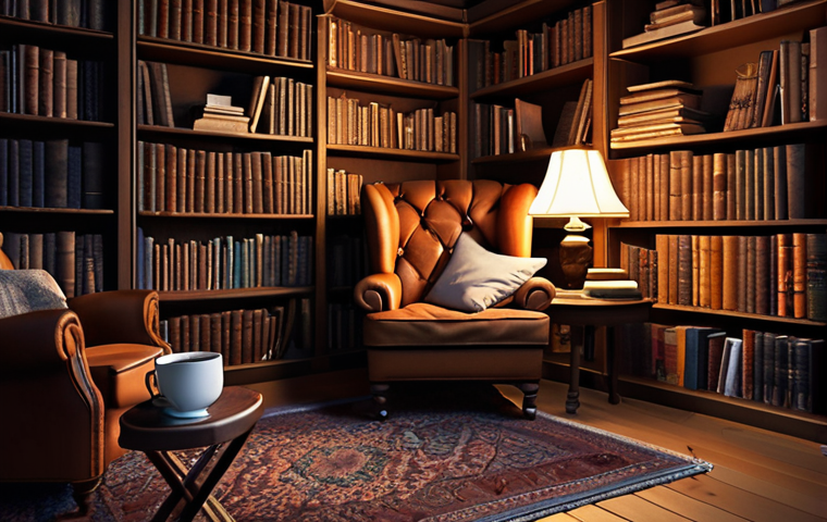 **A cozy night library:** Dim lighting, bookshelves filled with old books, a comfortable armchair with a soft blanket, and a cup of hot tea on a nearby coffee table. Focus on creating a warm and inviting atmosphere.